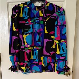 JODIFL Black Abstract Multi-Color Long Sleeve Blouse